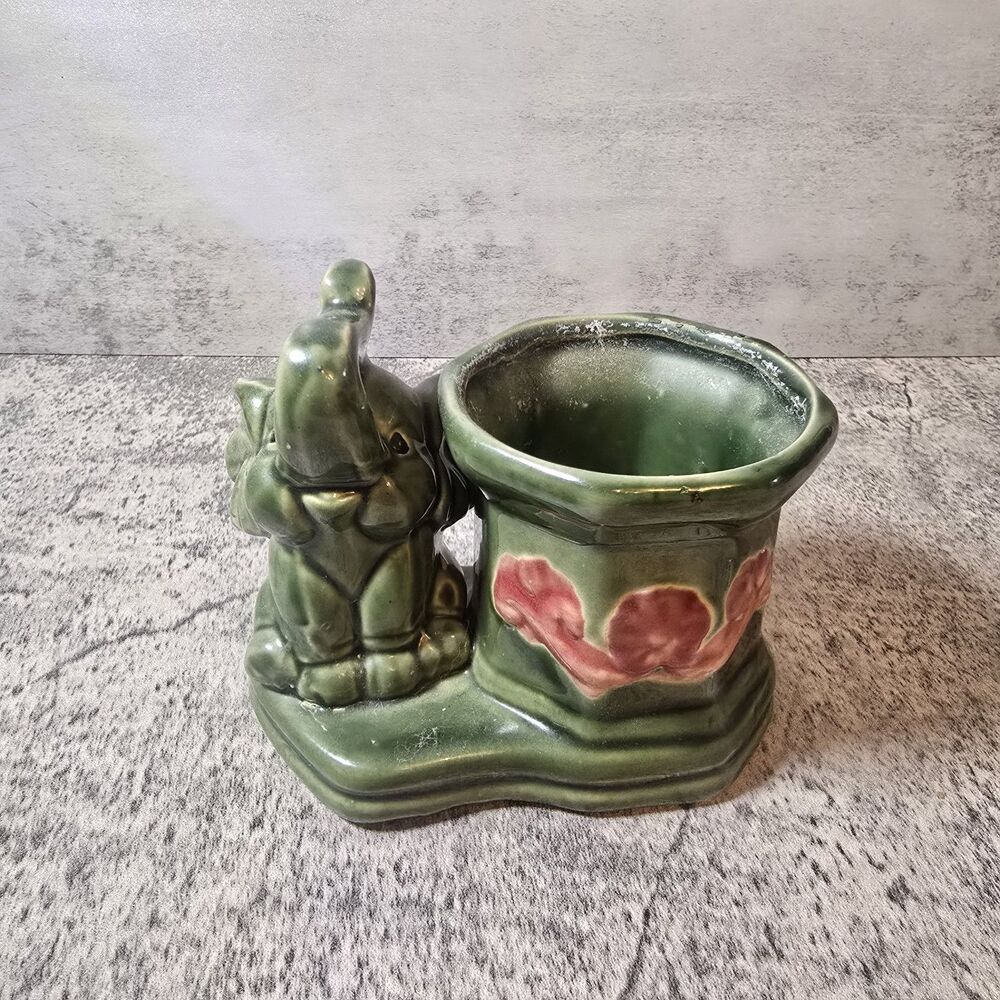 Vintage Elephant Green Vase Majolica Pottery Succulent Planter Flowers